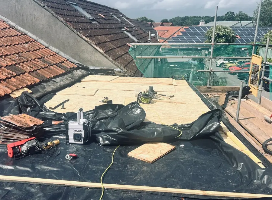 Freshly boarded flat roof deck ready for a new waterproof covering